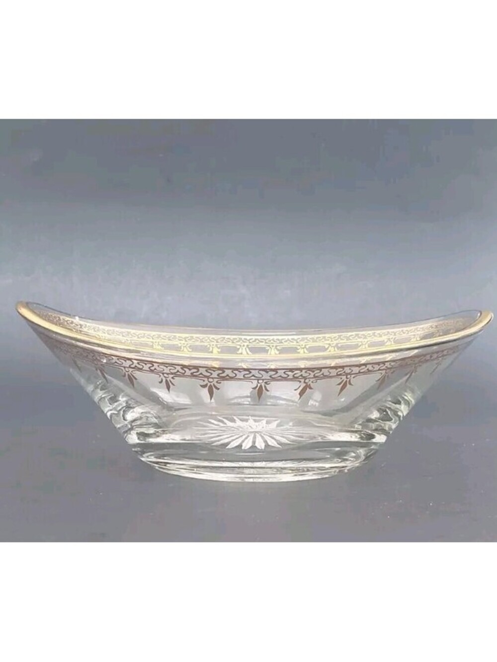 VTG MCM Starburst Heisey Glass Oval Candy Nut Treat Dish Trinket Bowl Gold Trim